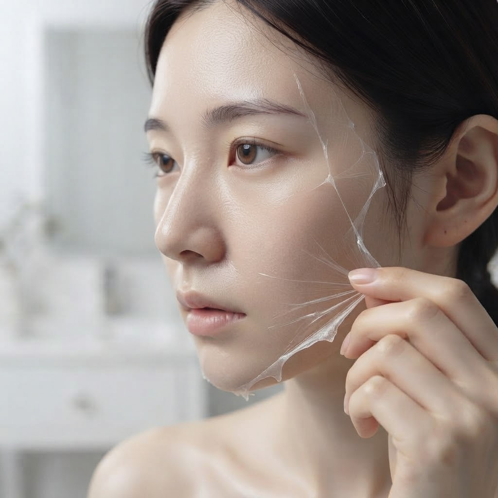 랩핑 마스크팩 제거 시 손가락으로 피부를 받치며 가장자리부터 천천히 들어 올리는 모습