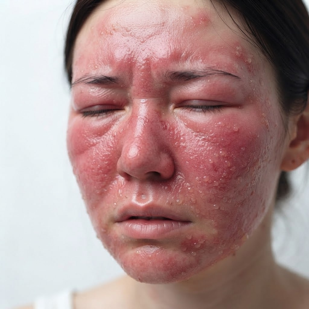 랩핑 마스크팩 사용 후 붓기와 진물, 심한 작열감 등 강한 피부 반응이 나타나 피부과 상담이 필요한 상태