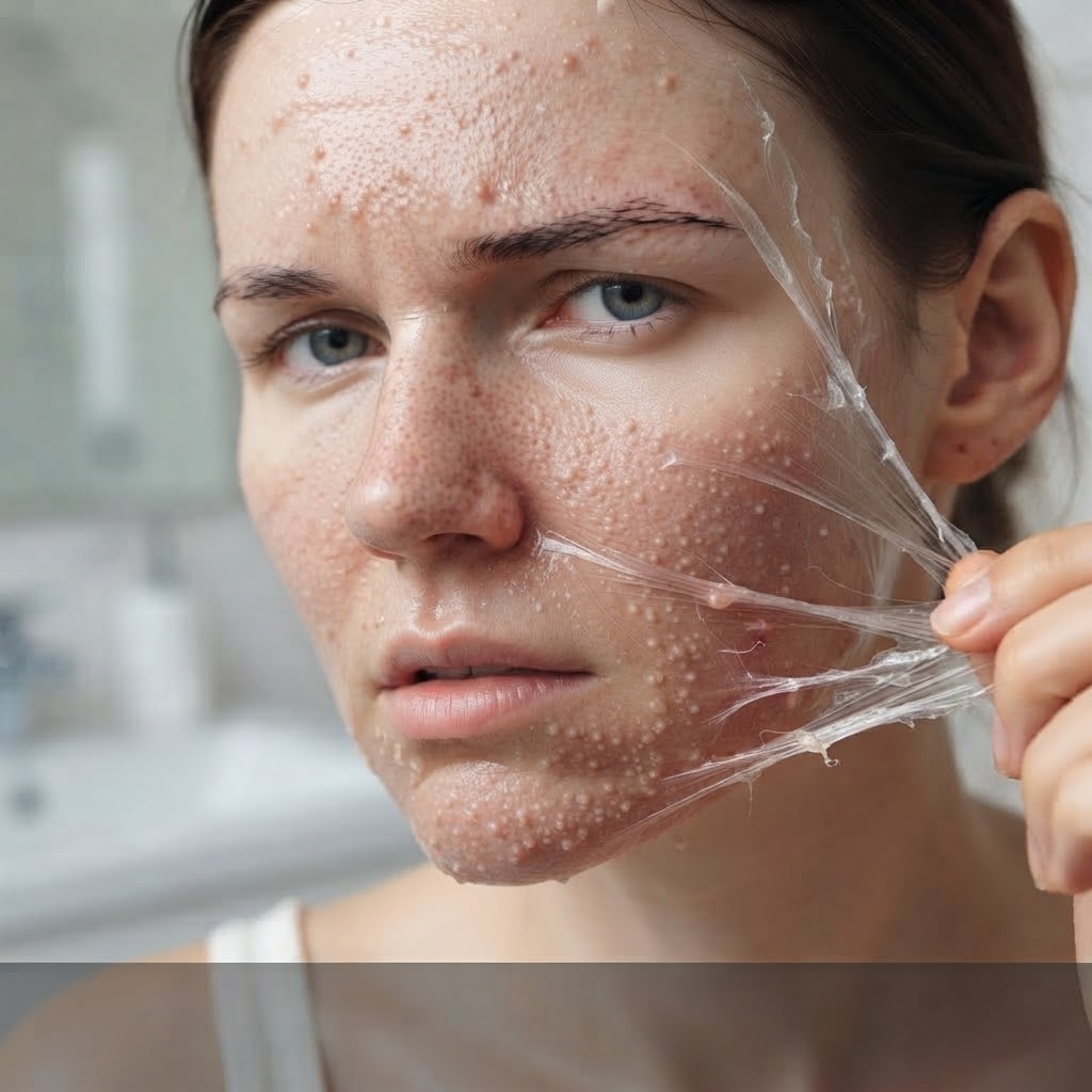 하얗고 자잘한 좁쌀 여드름이 올라온 피부에 랩핑 마스크팩을 사용하는 모습