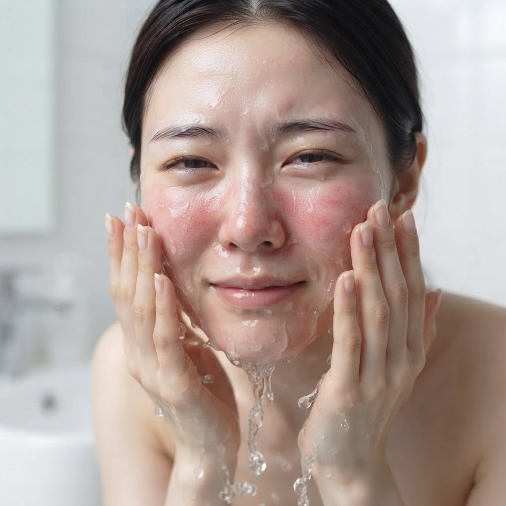 랩핑 마스크팩 사용 후 붉어진 피부를 미온수로 부드럽게 헹궈내는 모습