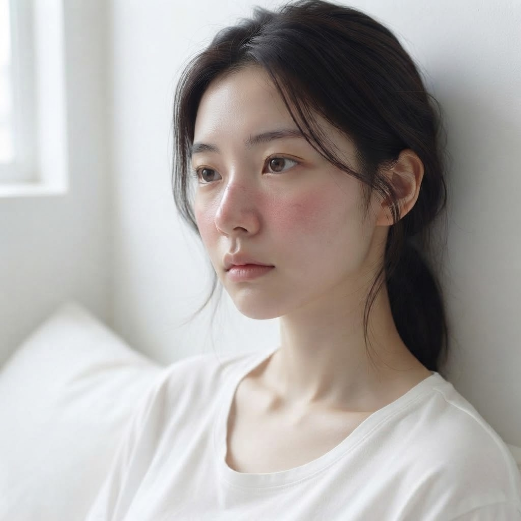 랩핑 마스크팩 사용 후 붉고 따가운 피부를 위해 메이크업과 뜨거운 샤워를 피하며 휴식하는 모습