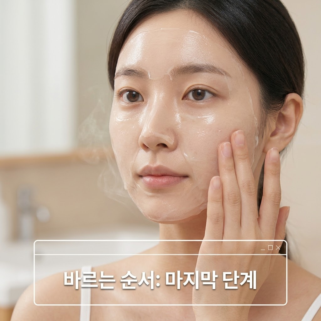 매끈한 대리석 화장대 위. 두 개의 사람 손 중 한 손은 전용 실리콘 브러쉬를 들고 있고, 다른 한 손은 얼굴 가장자리에서 투명한 랩핑 막을 아래에서 위로 부드럽게 떼어내고 있다. 화장대 한편에는 계량컵 없는 깨끗한 유리 믹싱 볼이 은은한 조명을 받으며 놓여 있다.