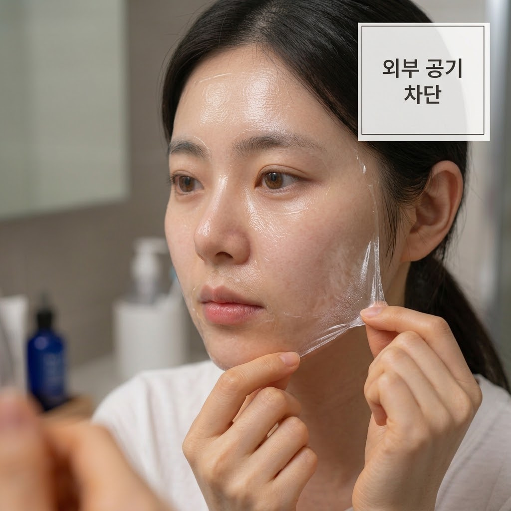 부드러운 햇살이 비치는 스킨케어 공간. 화장대 한편에 투명 유리 소재의 '계량컵 없는 믹싱 볼'이 깨끗하게 놓여 있고, "두 개의 사람 손"이 턱 끝에서부터 완벽하게 건조된 투명하고 얇은 랩핑 마스크막을 부드럽게 떼어내며, 공기가 차단되어 꽉 찬 수분감과 함께 각질이 정돈된 매끈한 피부 결을 드러내는 섬세한 스킨케어 액션.