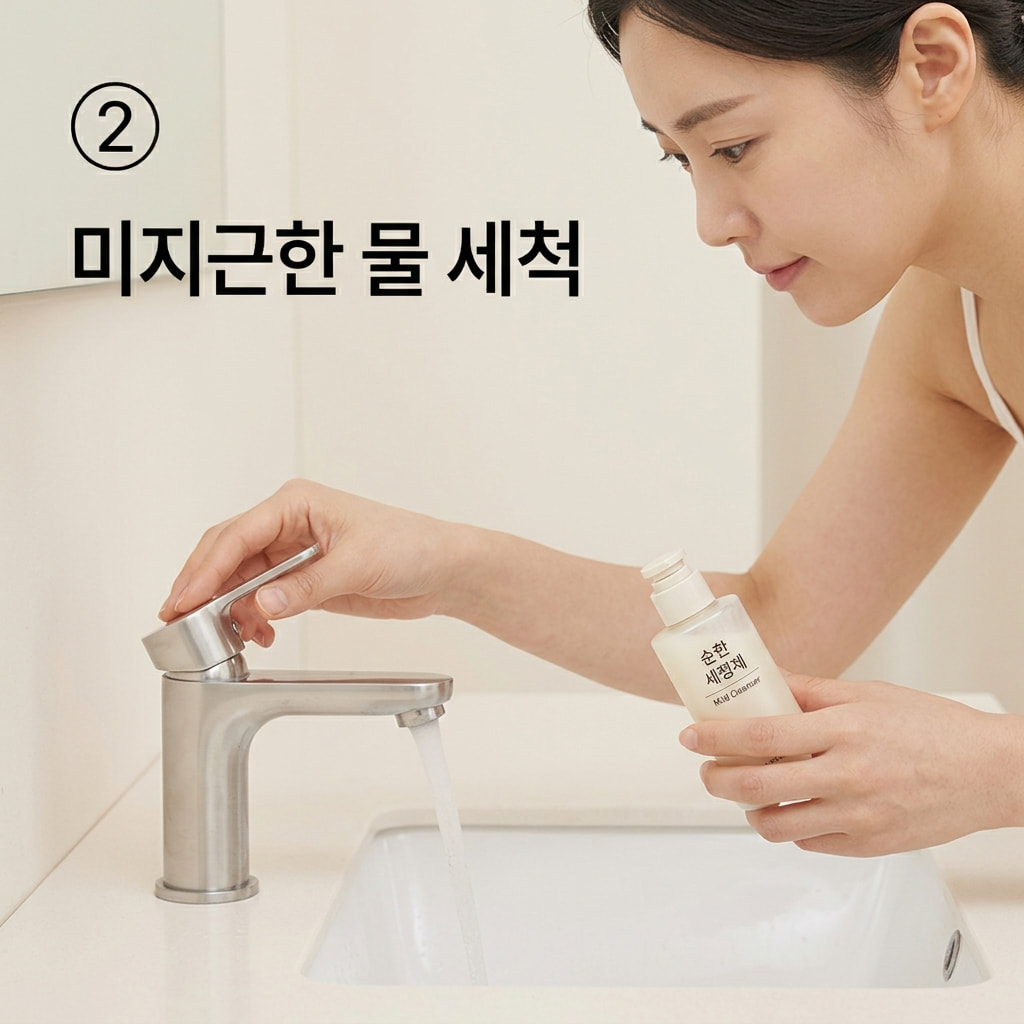 필오프팩 브러쉬 세척 온도를 맞추기 위해 두 손으로 세면대의 수전을 조절하여 미지근한 물과 순한 세정제를 준비하는 모습.