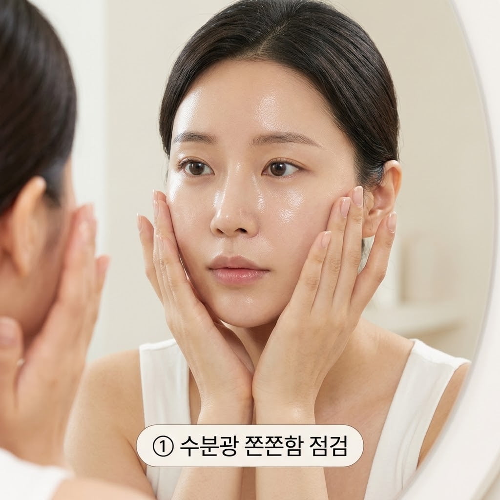 팩 사용 직후 수분광과 쫀쫀함을 확인하기 위해 두 손으로 앞볼을 가볍게 감싸며 매끄러워진 피부결을 거울 앞에서 살펴보는 모습.