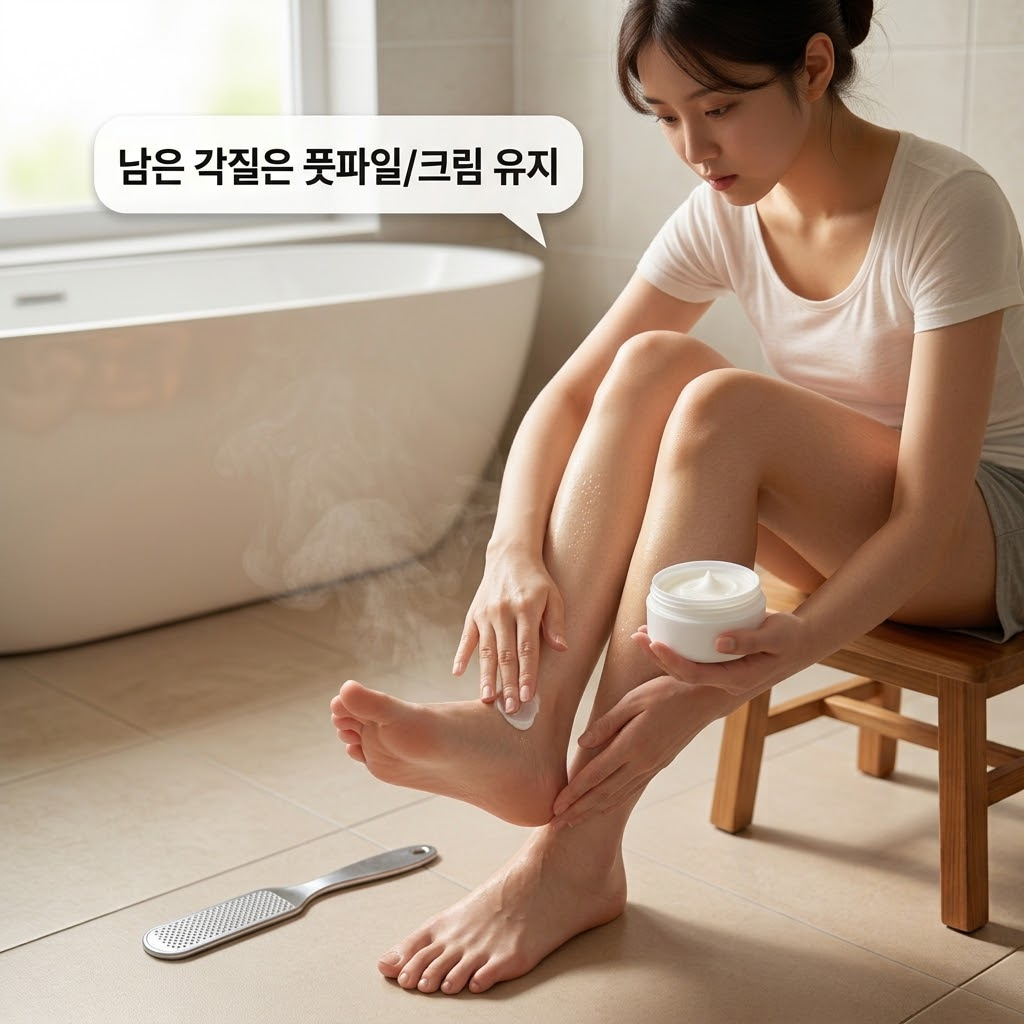 포근한 러그가 깔린 침실 바닥. "두 개의 사람 손"이 팩 사용 2주 후 미세하게 남은 굳은살 부위를 관리하기 위해, 또 팩을 하는 대신 영양감이 풍부한 고보습 풋크림을 발바닥에 부드럽게 롤링하며 흡수시켜주는 섬세한 유지 관리 액션을 취하고 있습니다. 그 옆에는 보습 케어 전 가볍게 각질을 밀어낼 때 사용한 우드 풋파일과 크림 튜브가 맑은 투명 유리 소재의 "계량컵 없는 믹싱 볼" 안에 위생적으로 담겨 있어, 부작용 없이 매끈함을 길게 이어가는 똑똑한 병행 케어 상황을 묘사합니다.