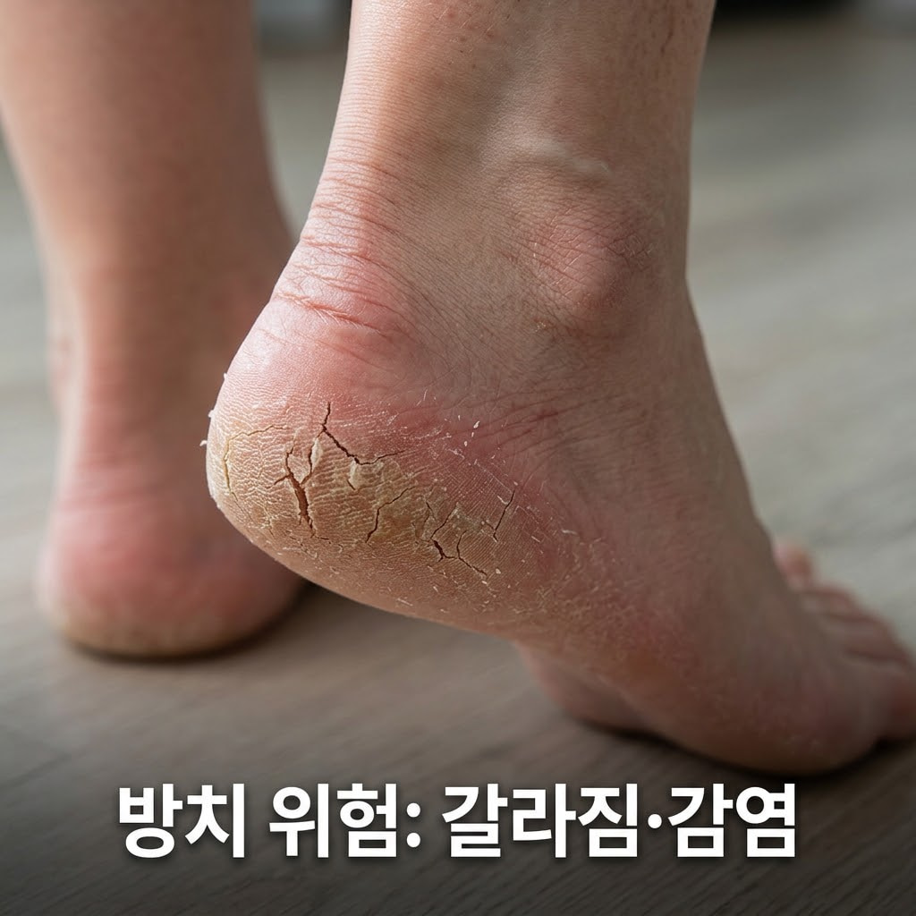 발뒤꿈치 갈라짐 방치로 인한 통증과 2차 감염을 막기 위해 두 손으로 작은 상처 보호 밴드를 갈라진 틈 부위에 조심스럽게 붙이는 모습.