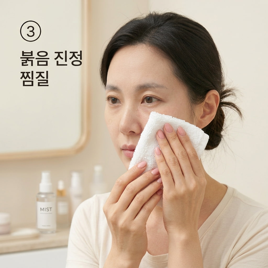 붉음과 따가움 대처를 위해 두 손으로 차가운 찜질 수건을 자극받은 볼 위에 조심스럽게 올려두어 열감을 가라앉히는 모습.