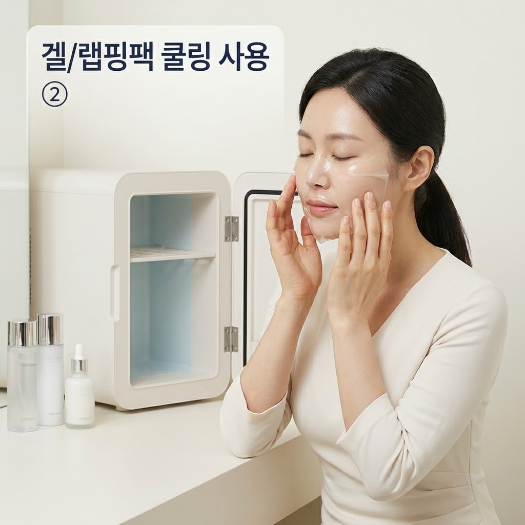 하이드로겔 쿨링 마스크팩 밀착 케어 겔 타입 마스크팩의 쿨링 효과를 위해 두 손으로 살짝 차갑게 보관한 하이드로겔 시트를 얼굴 윤곽에 맞춰 부드럽게 붙이는 모습.