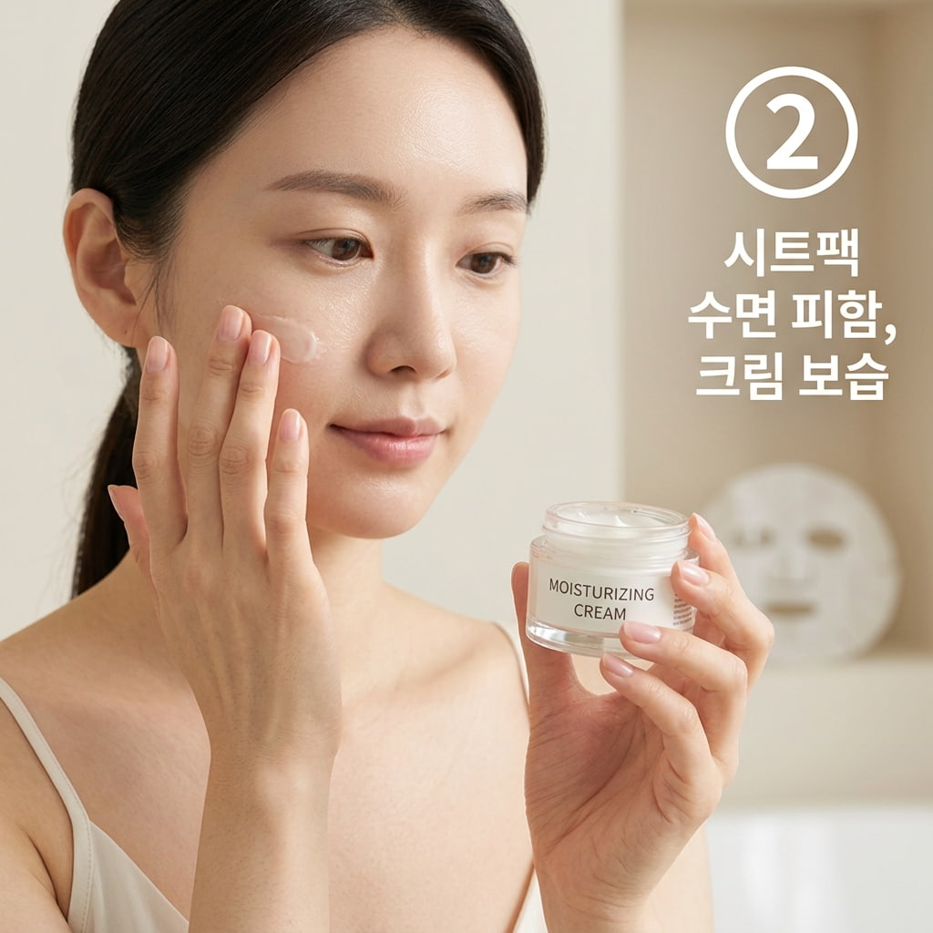 시트팩 수면 사용을 피하기 위해 15분 만에 팩을 떼어내고 두 손으로 보습 크림을 덧바르며 수분을 가두는 모습.