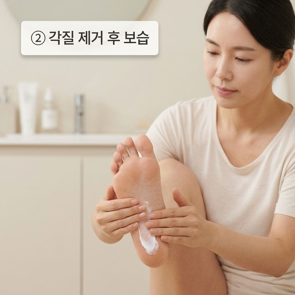 발각질 제거 후 보습 관리를 위해 두 손으로 풋크림을 적당량 덜어 건조해진 발뒤꿈치에 부드럽게 얇게 펴 바르는 모습.