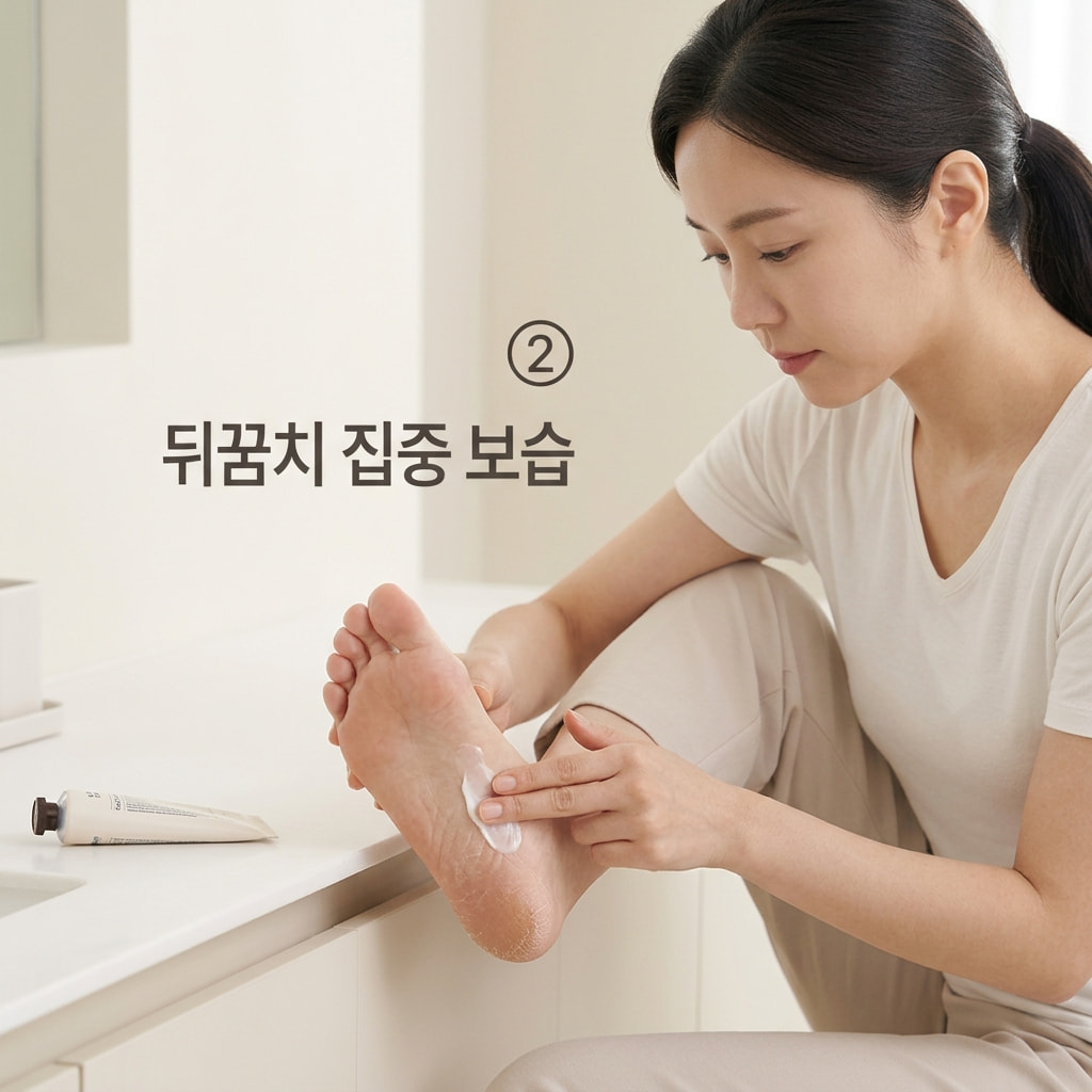 발뒤꿈치 집중 보습을 위해 두 손으로 완전히 건조된 뒤꿈치와 굳은살 부위에 풋크림을 덜어 부드럽게 펴 바르는 모습.