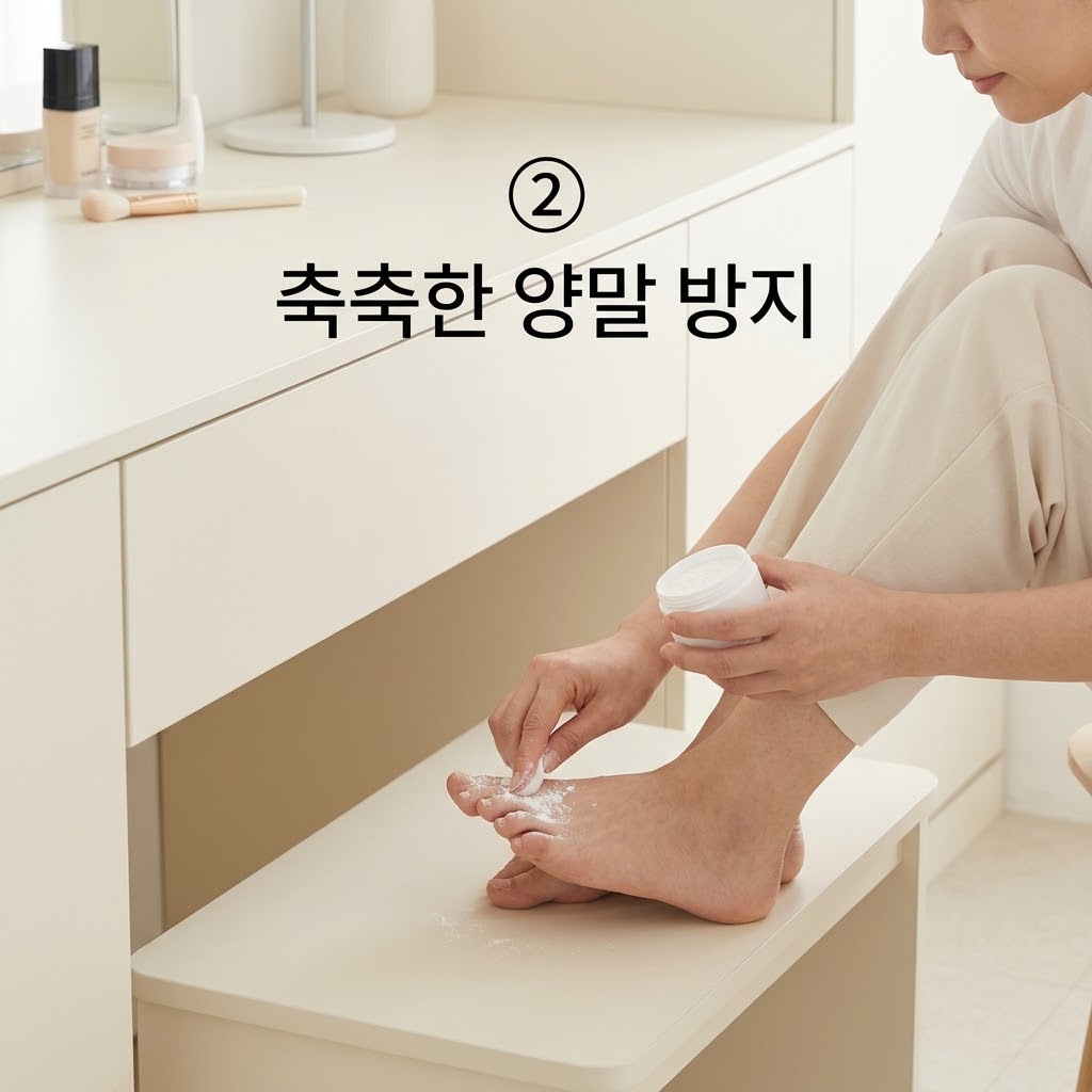 양말이 축축해지는 것을 막기 위해 두 손으로 외출 전 마른 발가락 사이에 보송한 풋파우더를 소량 덜어 부드럽게 펴 바르는 모습.