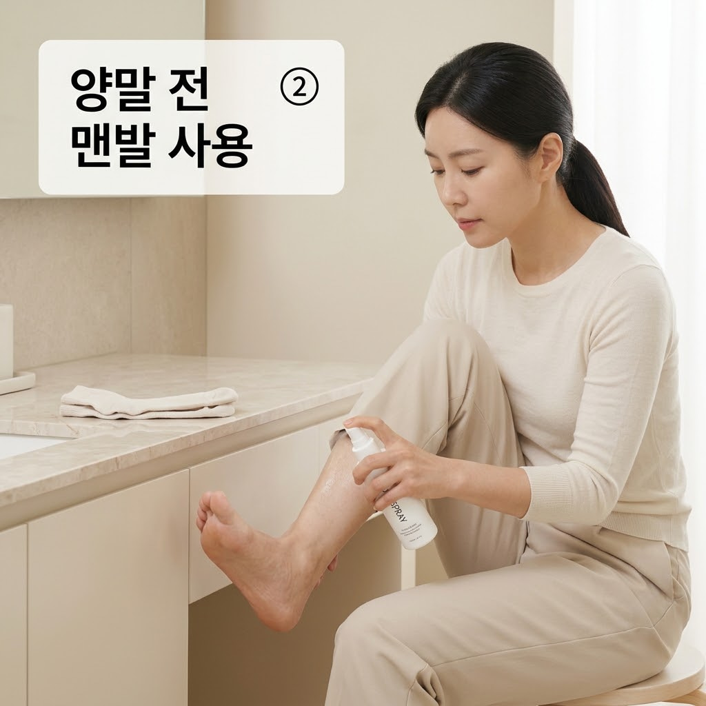 풋스프레이 적정 사용 횟수 라벨 확인 풋스프레이 적정 사용 횟수를 확인하기 위해 두 손으로 제품 용기 뒷면의 권장 사용량과 주의사항 라벨을 읽어보는 모습.