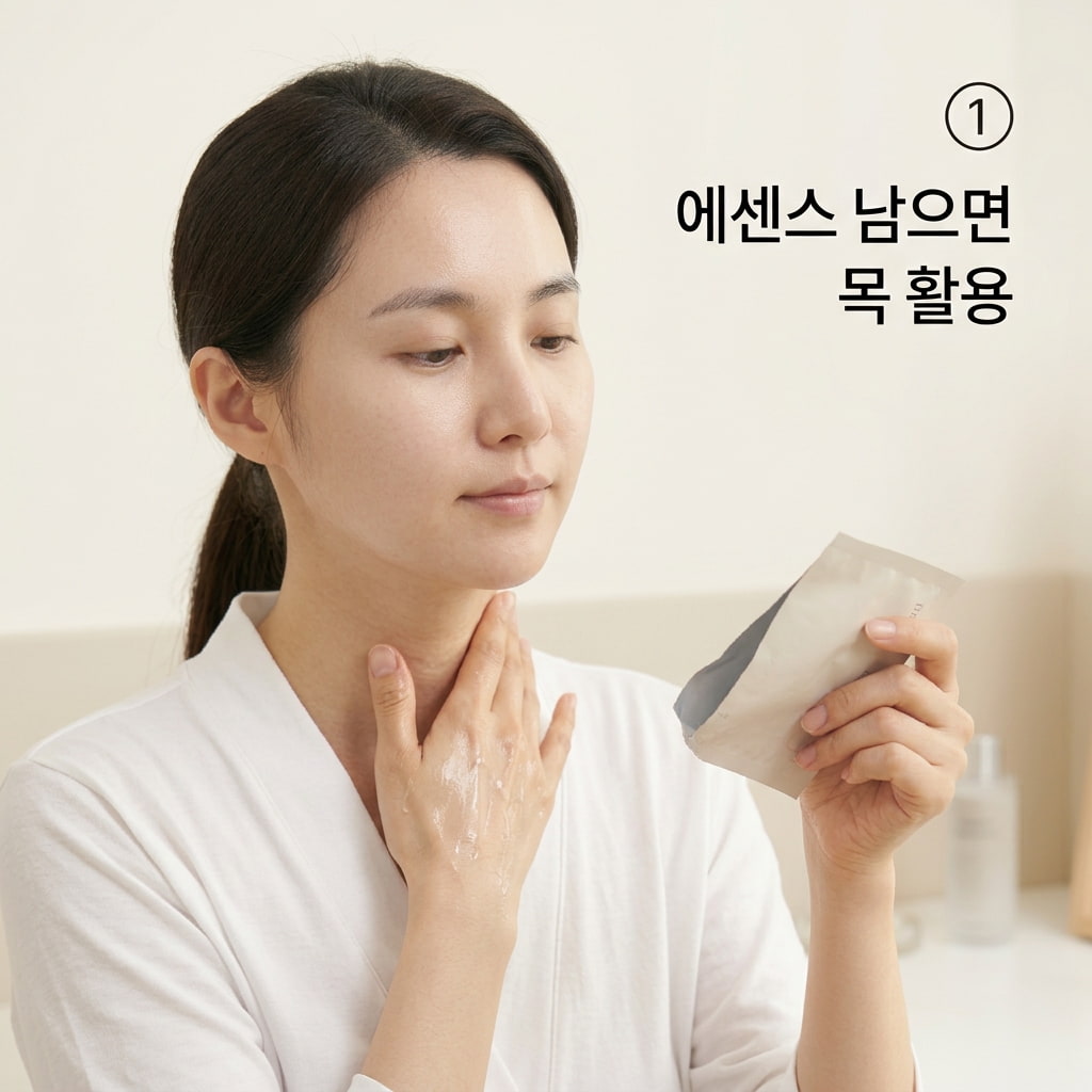 마스크팩 밤새 부착 착각을 피하기 위해 두 손으로 파우치에 남은 에센스를 덜어 목과 쇄골에 부드럽게 펴 바르는 모습.