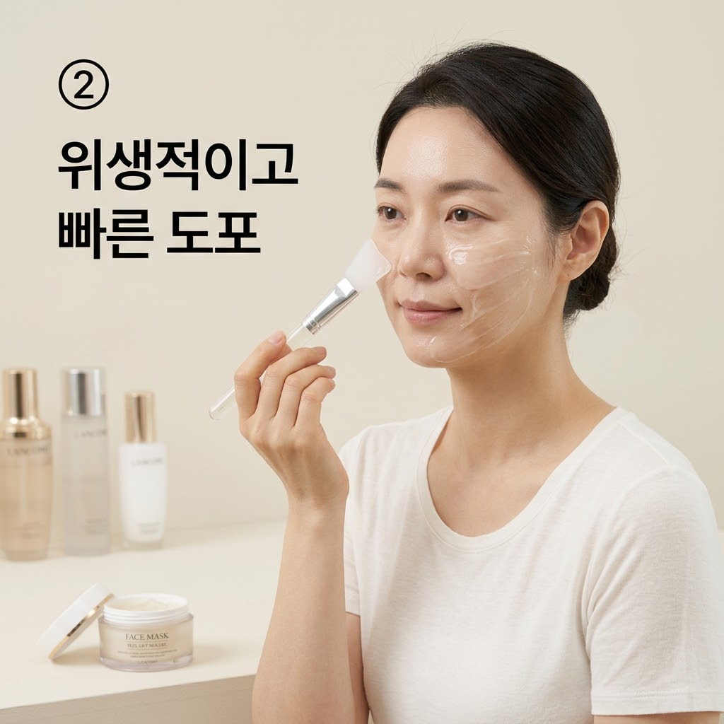 실리콘 팩 브러쉬의 매끄러운 발림성을 활용하기 위해 두 손으로 넓은 실리콘 헤드를 쥐고 볼 전체에 팩을 고르게 펴 바르는 모습.
