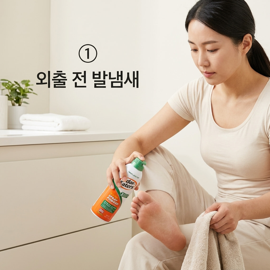 외출 전 발냄새 관리를 위해 두 손으로 수건을 이용해 물기를 닦아낸 깨끗한 발에 오더이터 풋 스프레이를 가볍게 분사하는 모습.