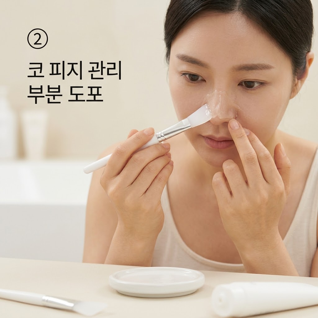 필오프팩 부분 도포를 위해 두 손으로 브러쉬 끝을 세워 피지가 고민인 콧망울과 콧등 라인을 따라 얇게 펴 바르는 모습.