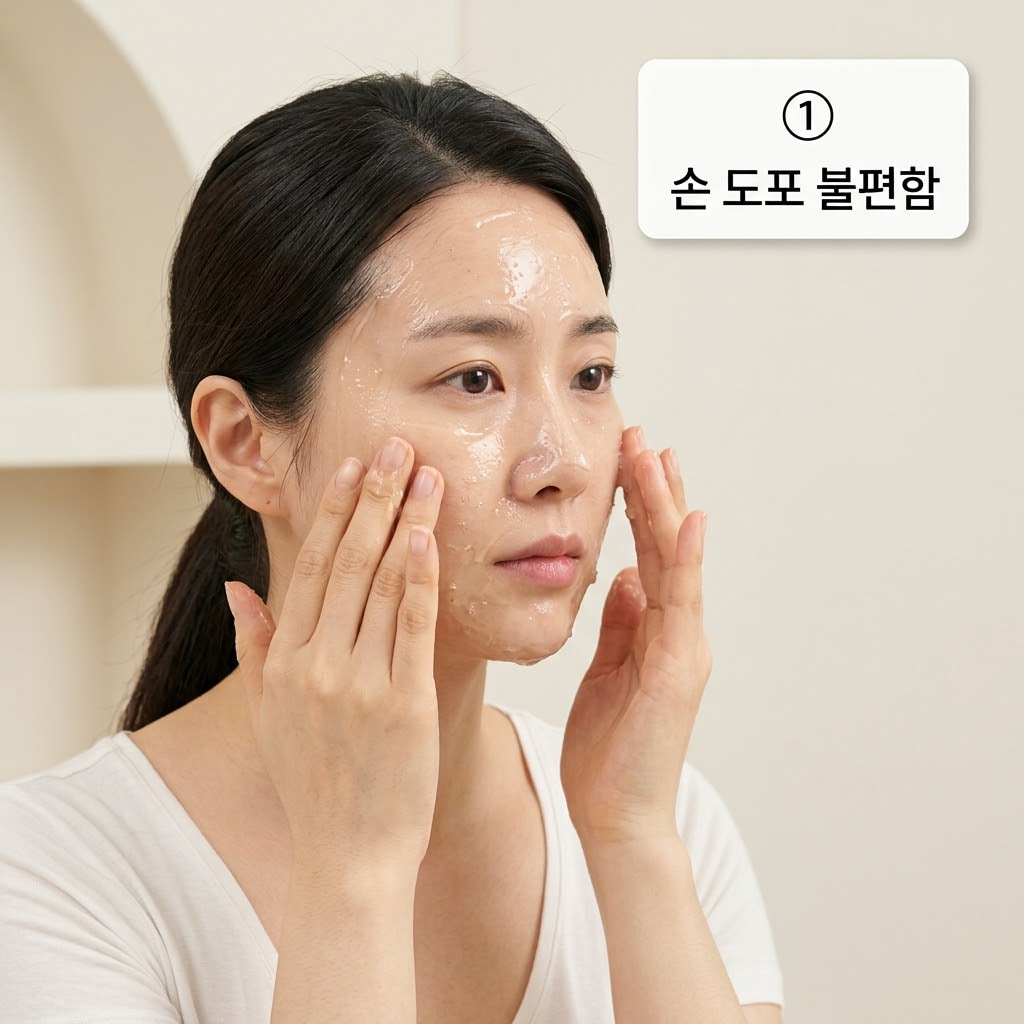 필오프팩 손 도포의 불편함을 확인하기 위해 두 손으로 끈적한 팩 제형을 덜어 얼굴에 문지르며 손가락 사이에 남은 잔여물을 점검하는 모습.