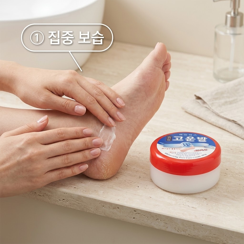 심한 건조함이 고민인 발관리를 위해 두 손으로 고운발 크림 빨간통을 덜어 거친 발뒤꿈치 가장자리와 굳은살 부위에 집중적으로 펴 바르는 모습.