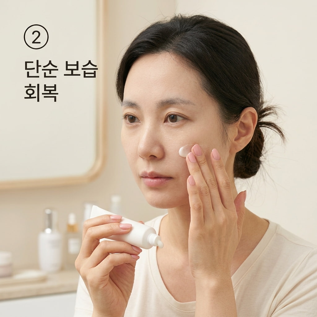 피부 당김 회복을 위해 두 손으로 순한 보습 크림을 덜어내어 건조해진 볼과 입가에 얇고 부드럽게 펴 바르는 모습.