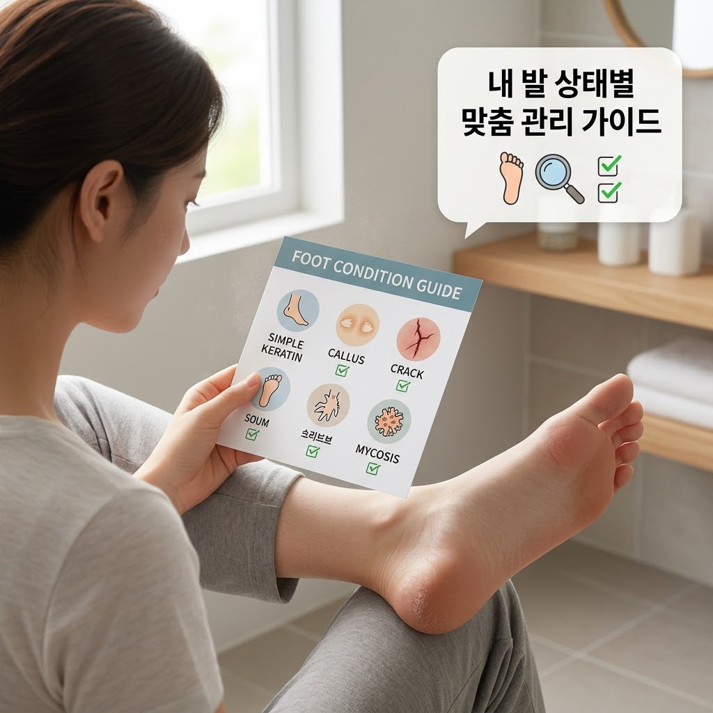 편안한 거실 카펫 위. "두 개의 사람 손"이 물기가 없는 마른 발 상태에서 단단하게 뭉친 굳은살 부위만 타깃으로 잡아 풋파일로 가볍게 밀어내는 섬세한 액션을 취하고 있습니다. 그 옆에는 각질 정돈 후 부드럽게 닦아낼 깨끗한 온수가 맑은 투명 유리 소재의 "계량컵 없는 믹싱 볼" 안에 담겨 자연스럽게 놓여 있어, 발 상태를 정확히 파악하고 원칙에 맞춰 안전하게 관리하는 홈케어 상황을 보여줍니다.