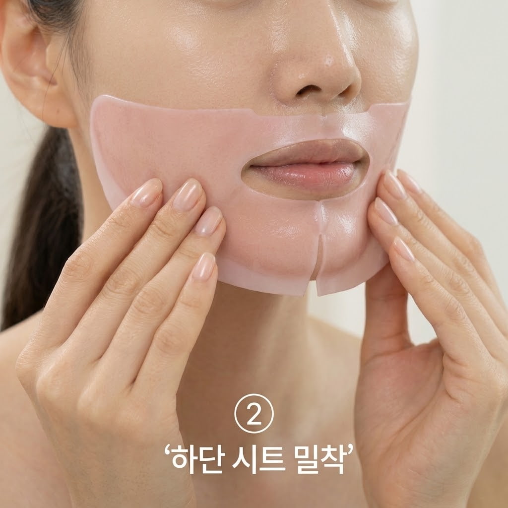 들뜸 없는 겔마스크 부착 순서에 따라 두 손으로 분리형 시트의 하단부를 입과 턱선에 먼저 맞추고 가장자리를 가볍게 누르는 모습.