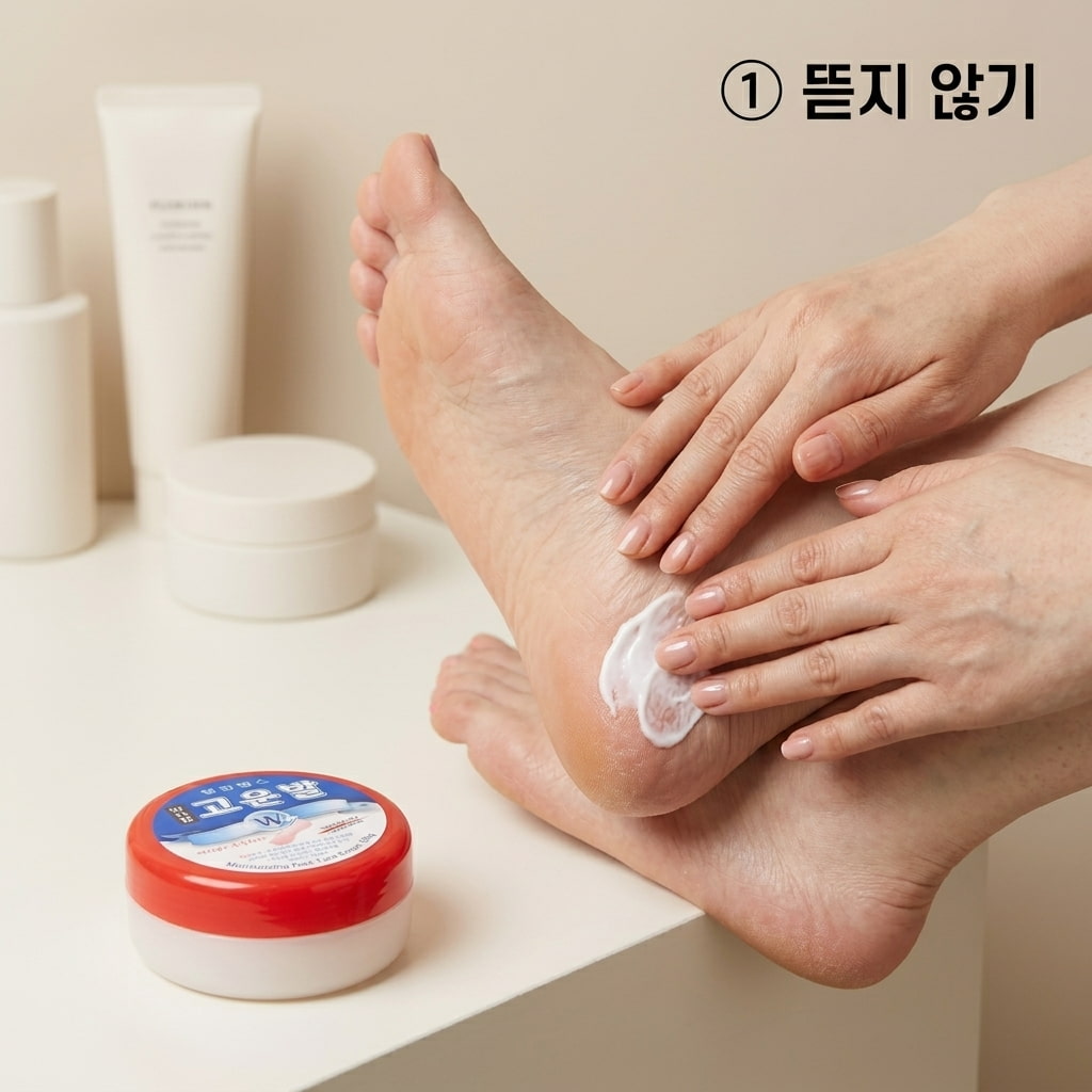 발뒤꿈치 각질 뜯기 실수를 방지하기 위해 두 손으로 갈라진 피부를 억지로 벗겨내지 않고 풋크림을 부드럽게 펴 바르며 보습하는 모습.