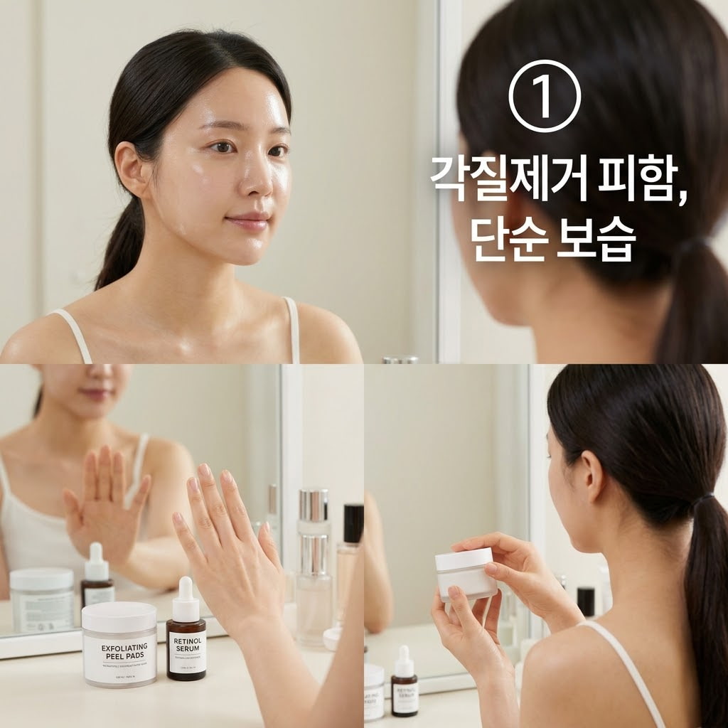마스크팩 사용 다음 날 각질 제거와 레티놀 사용을 피하기 위해 두 손으로 자극적인 필링 패드를 멀리하고 순한 보습 크림만 덜어내는 모습.