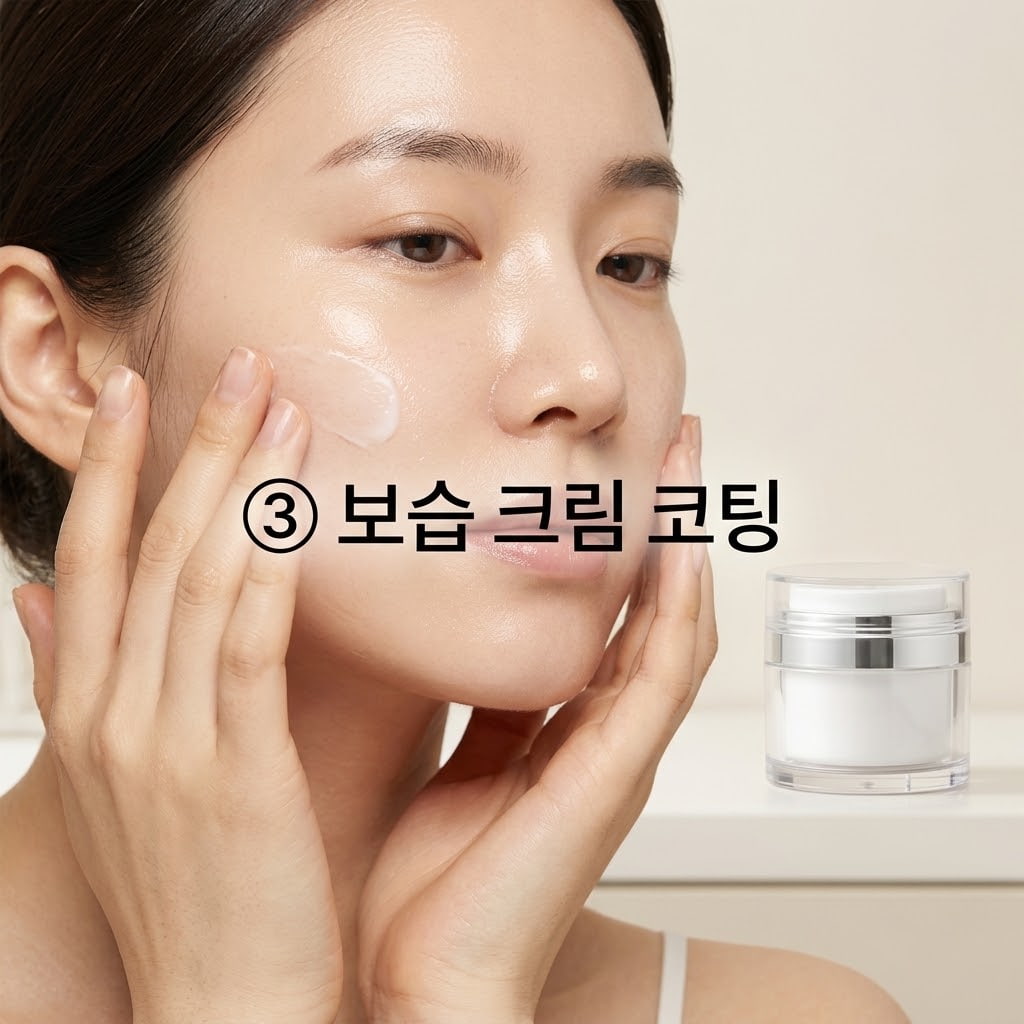 팩 제거 후 장벽 크림 마무리 모델링팩 제거 후 수분 증발을 막기 위해 두 손으로 장벽 보습 크림을 피부 겉면에 얇게 한 겹 코팅하며 펴 바르는 모습.