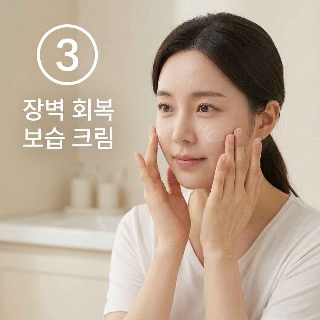 무너진 피부 장벽 케어 마무리를 위해 두 손으로 보습 크림을 덜어내어 건조한 볼 부위에 얇게 펴 바르며 수분막을 형성하는 모습.
