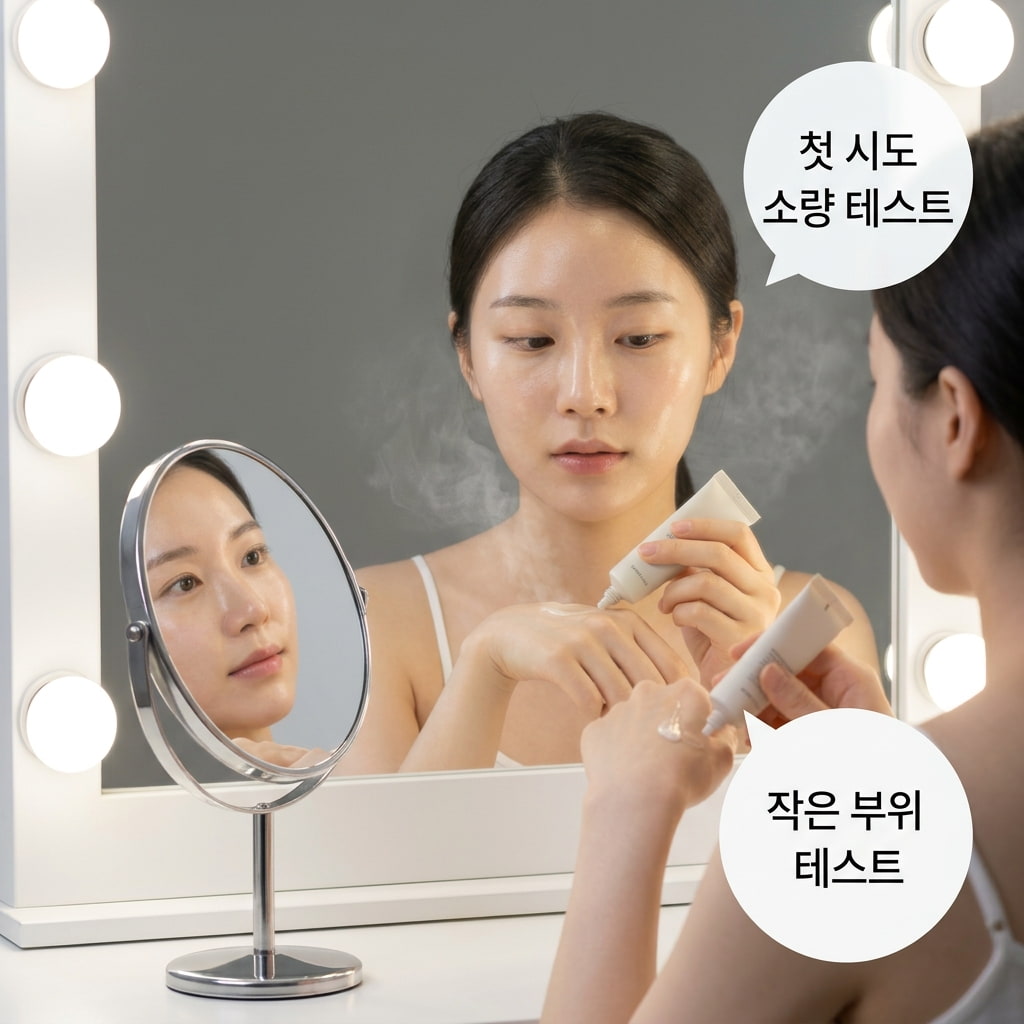 처음 쓰는 랩핑 마스크팩 패치 테스트를 위해 두 손으로 소용량 팩 용기를 들고 턱선 부위에 소량을 도포해 피부 반응을 확인하는 상태.