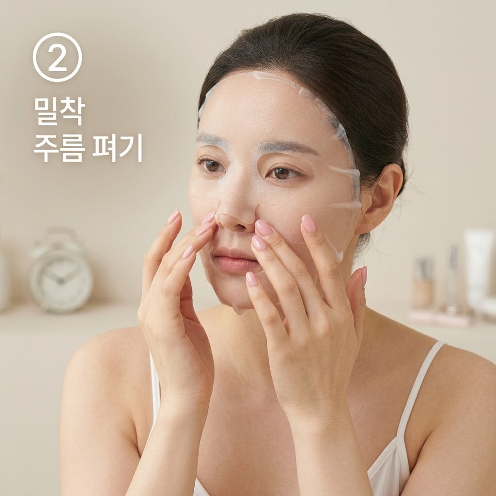 바이오셀룰로오스 마스크팩 밀착 관리를 위해 두 손의 손끝으로 콧망울과 입가 주변 시트의 주름을 공기층 없이 매끄럽게 펴 주는 모습.