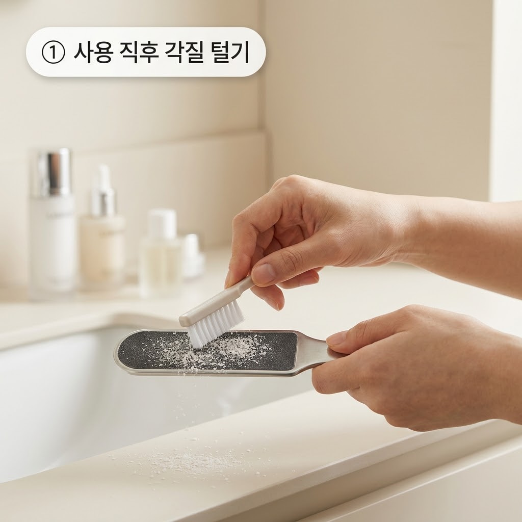 발각질 제거기 세척의 첫 단계로 두 손을 이용해 마른 브러시로 수동 파일 표면에 남은 하얀 각질 가루를 꼼꼼하게 털어내는 모습.