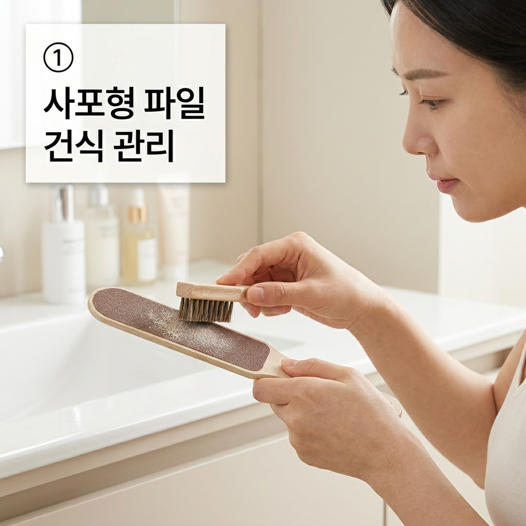 사포형 발각질 파일 수명을 늘리기 위해 두 손으로 마른 브러시를 쥐고 파일 표면에 묻은 각질 가루를 물 없이 가볍게 털어내는 모습.