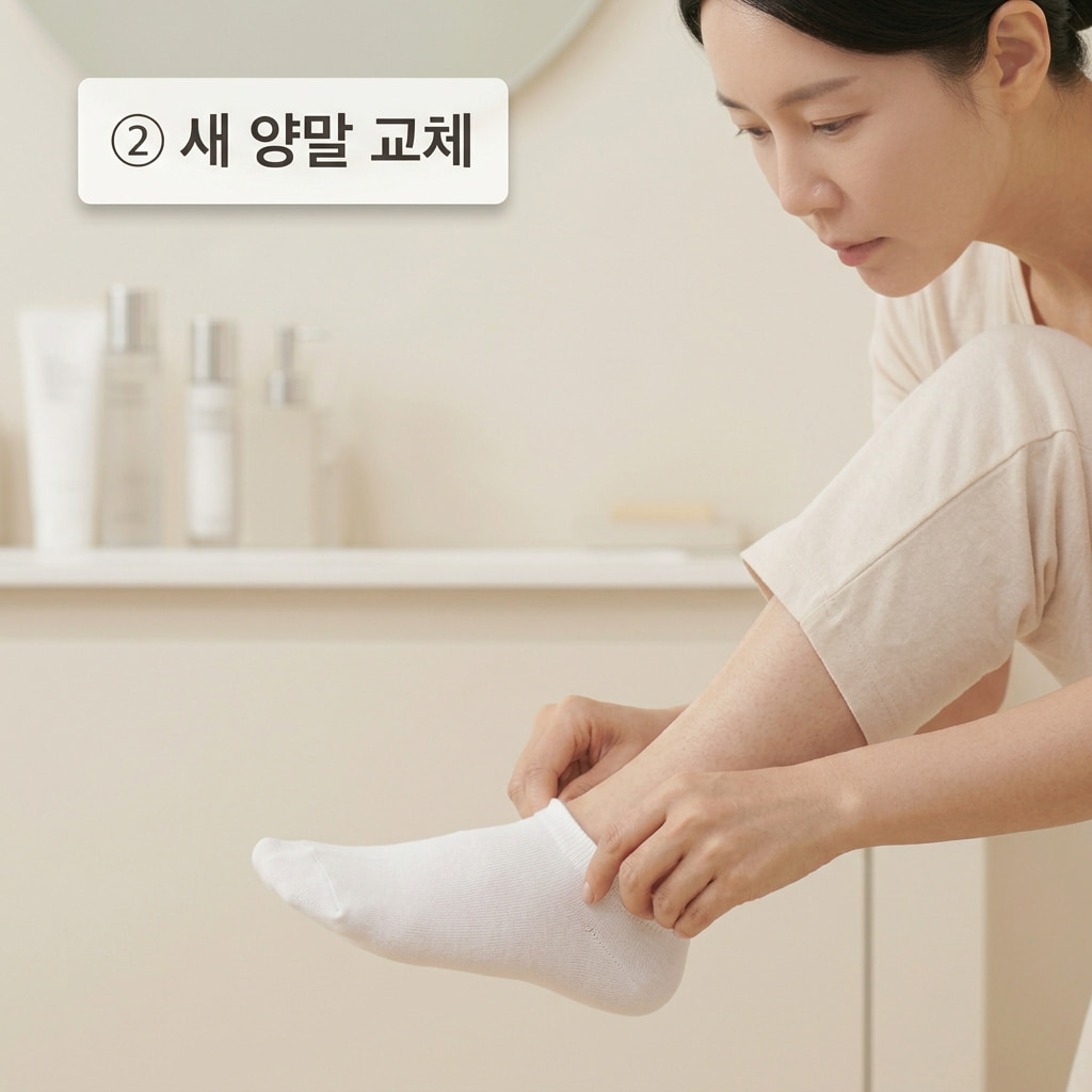 발의 땀과 습기를 예방하는 양말 신발 관리를 위해 두 손으로 건조가 완료된 발에 새롭고 뽀송한 면 양말을 조심스럽게 신겨주는 모습.