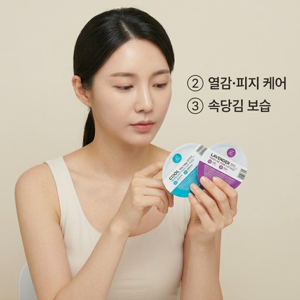 여름철 얼굴 열감 진정과 피지 조절을 위해 두 손으로 스파출라를 쥐고 쿨티트리 컵팩과 차콜 컵팩의 농도를 조절하며 섞는 모습.