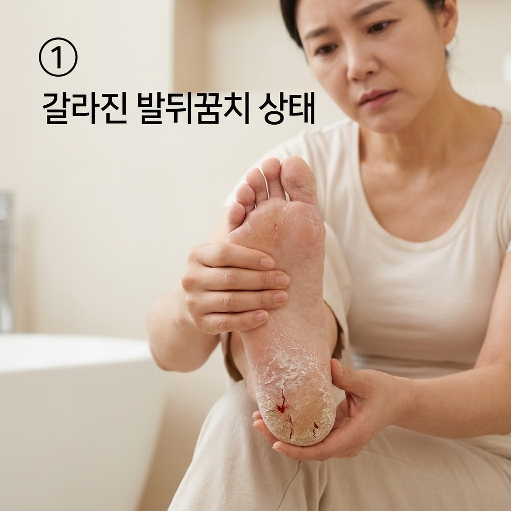 발뒤꿈치 갈라짐 악화를 막기 위해 두 손으로 하얗게 일어난 각질과 피가 맺힌 뒤꿈치 피부를 조심스럽게 살피는 모습.