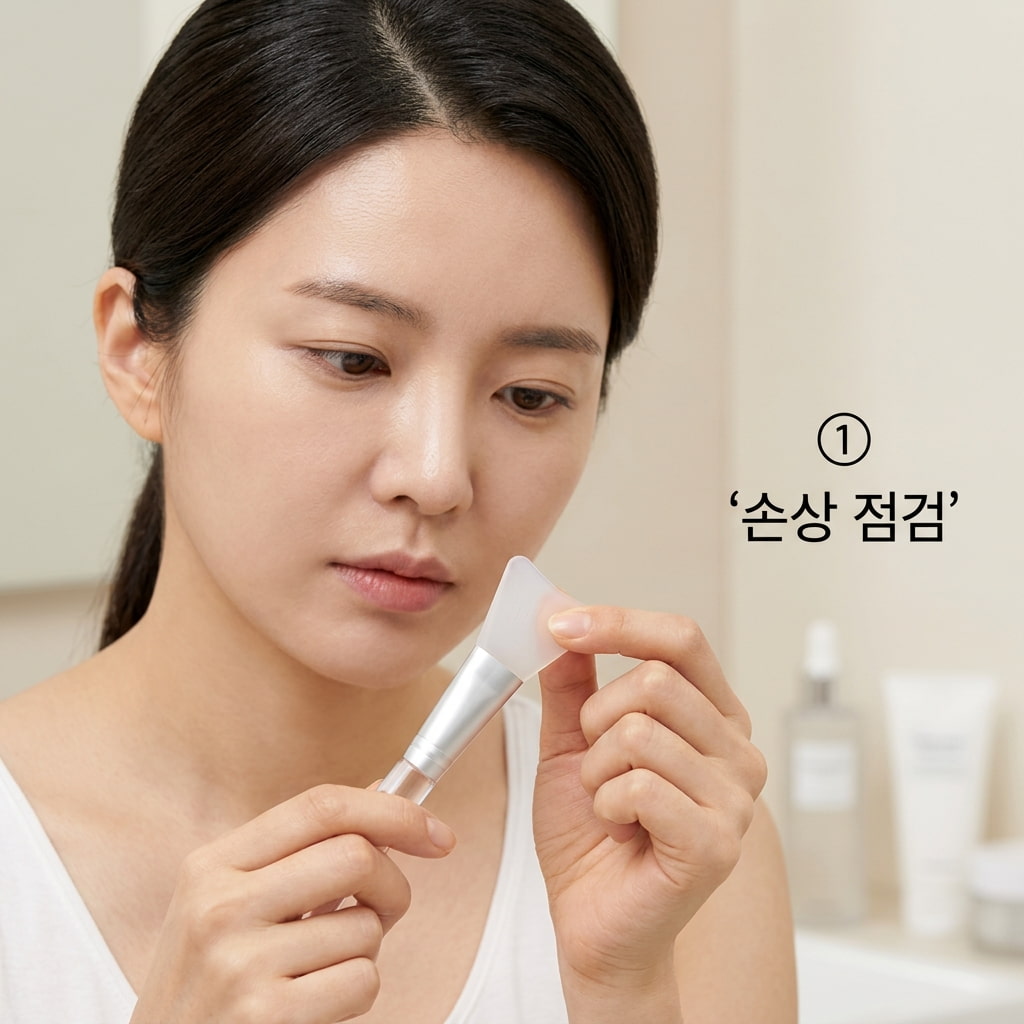 실리콘 브러쉬 교체 신호를 확인하기 위해 두 손으로 브러쉬 헤드 표면에 미세한 찢김이나 균열, 변색이 없는지 조심스럽게 살펴보는 모습.