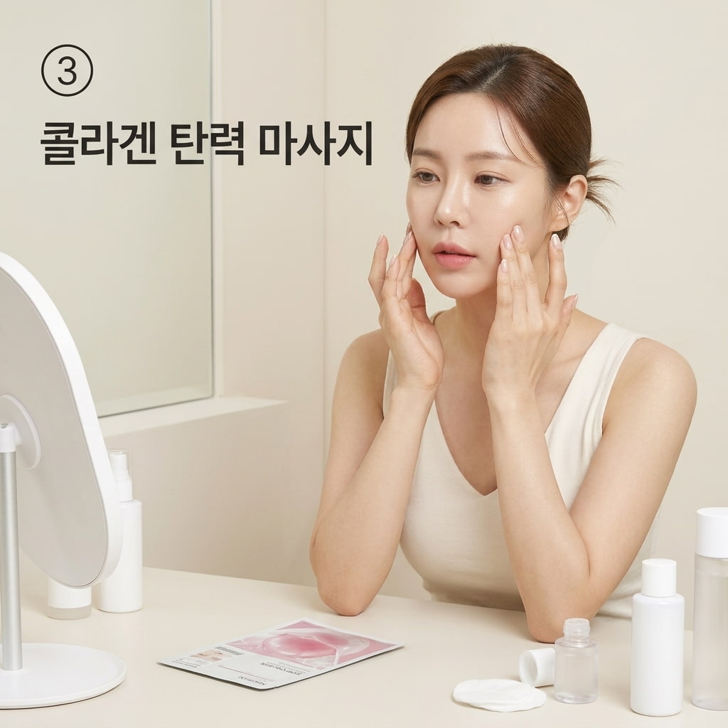 피부 상태별 마스크팩 사용 기준을 정하기 위해 거울 앞에서 두 손으로 얼굴 볼과 턱을 가볍게 만지며 오늘의 피부결과 건조함을 점검하는 모습.