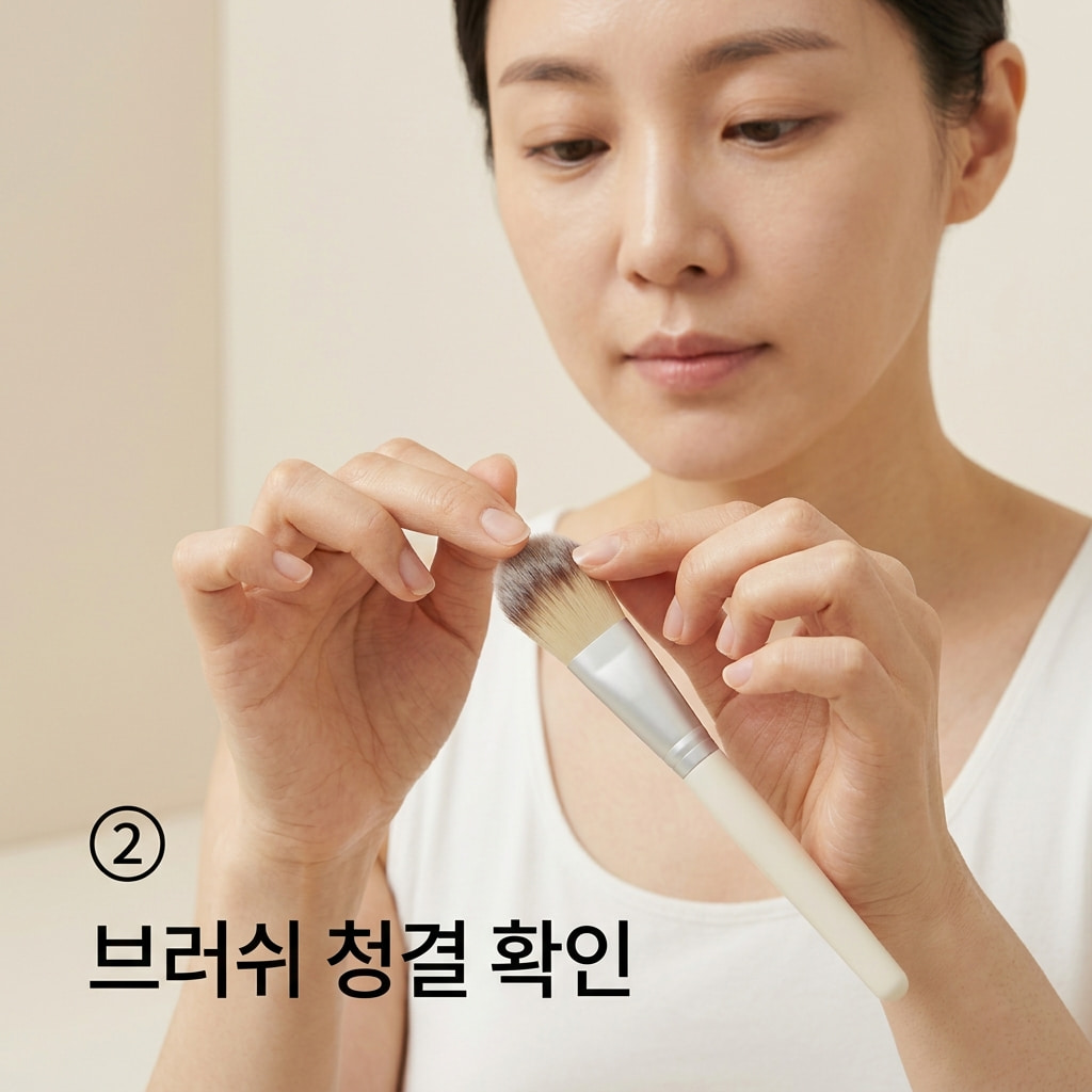 브러쉬 청결 상태 확인을 위해 두 손으로 팩을 바르기 전 브러쉬 표면을 가볍게 만져보며 수분이나 잔여물 없이 완전히 건조되었는지 점검하는 모습.