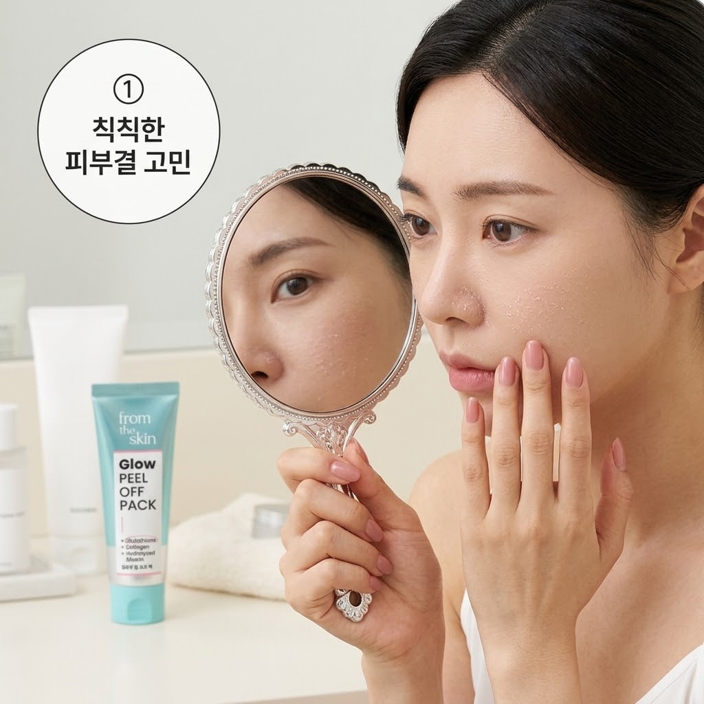 칙칙한 피부결과 화장 들뜸 고민을 확인하기 위해 두 손으로 거울을 들고 푸석해진 볼과 코 옆 피부 상태를 꼼꼼히 살피는 모습.