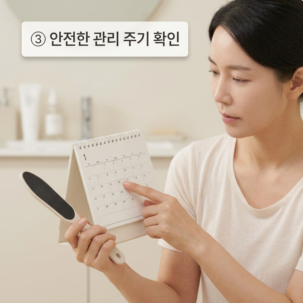 발각질 관리 주기를 안전하게 조절하기 위해 두 손으로 탁상용 달력과 풋파일을 함께 들고 다음 각질 제거 일정을 확인하는 모습.