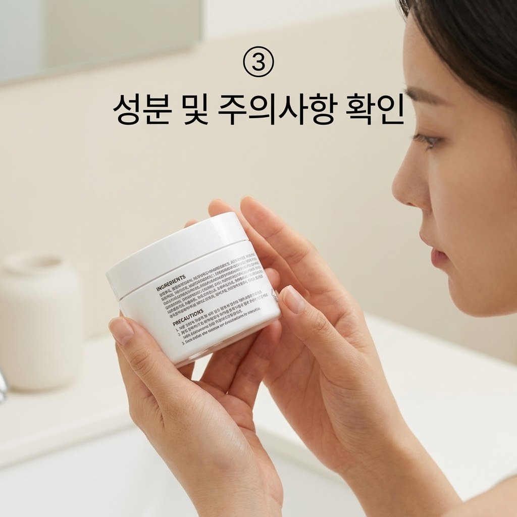 피부가 예민하거나 임신 중인 상태에서 안전하게 보습하기 위해 두 손으로 풋크림 용기를 들고 뒷면의 주의사항과 성분표를 꼼꼼히 확인하는 모습.