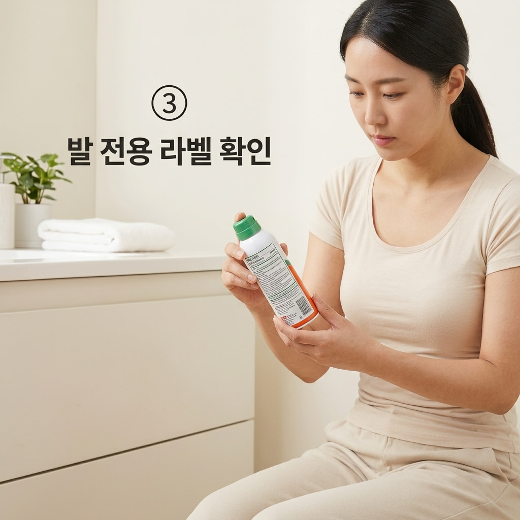 발 전용 풋스프레이의 올바른 사용을 위해 두 손으로 스프레이 용기를 들고 뒷면 라벨의 신발 사용 가능 여부를 꼼꼼히 확인하는 모습.