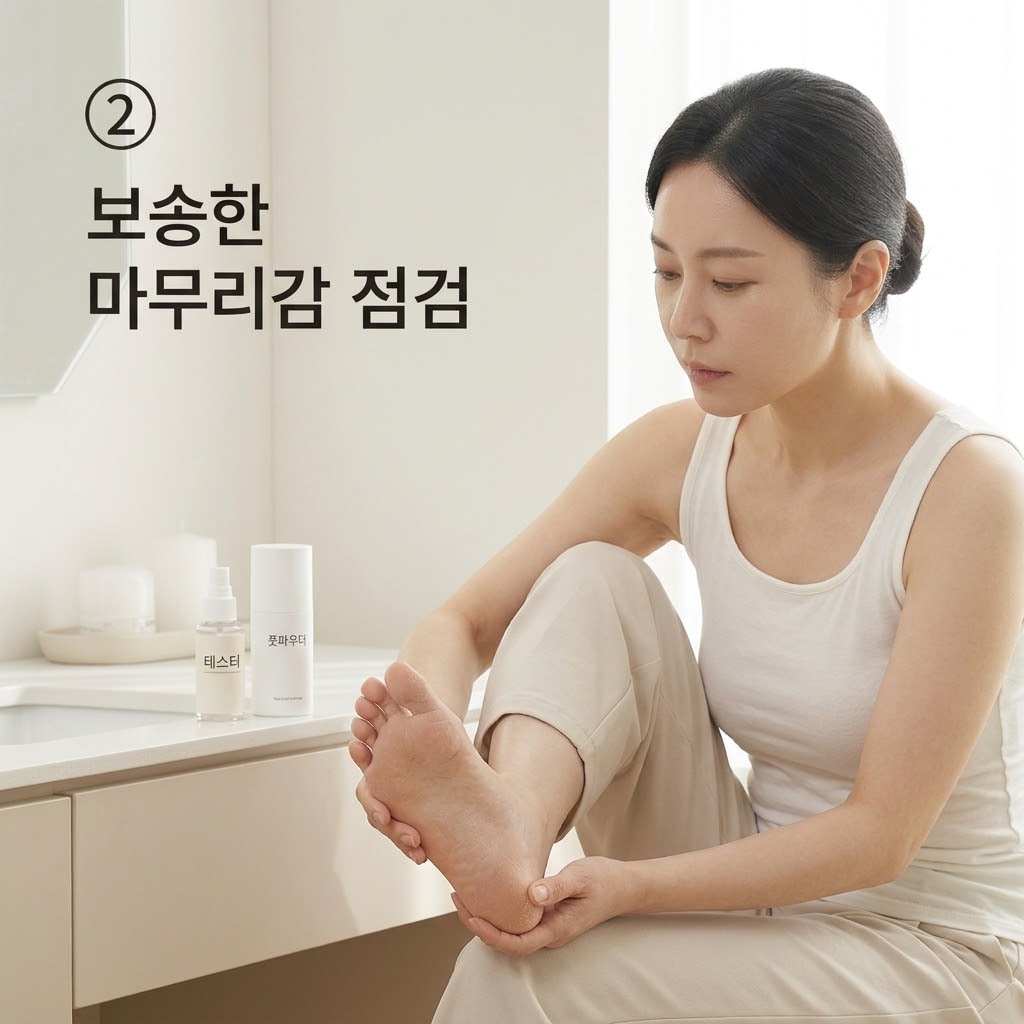 발땀 관리에 적합한 보송한 마무리감을 확인하기 위해 풋스프레이를 뿌린 발바닥을 두 손으로 가볍게 만져보며 끈적임을 점검하는 모습.