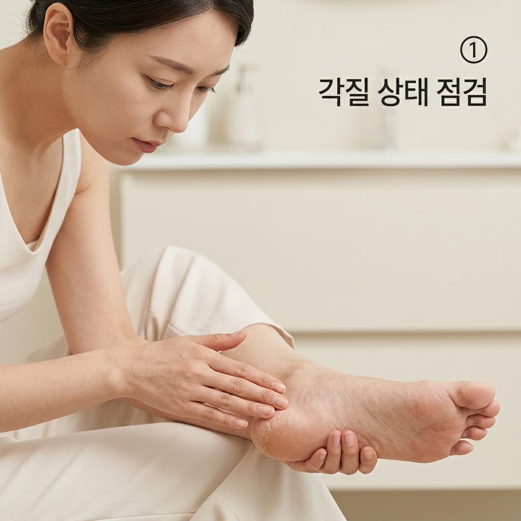 풋크림 전 발각질 제거 주기를 결정하기 위해 두 손으로 거친 발뒤꿈치 피부결을 부드럽게 만져보며 각질 상태를 꼼꼼히 확인하는 모습.