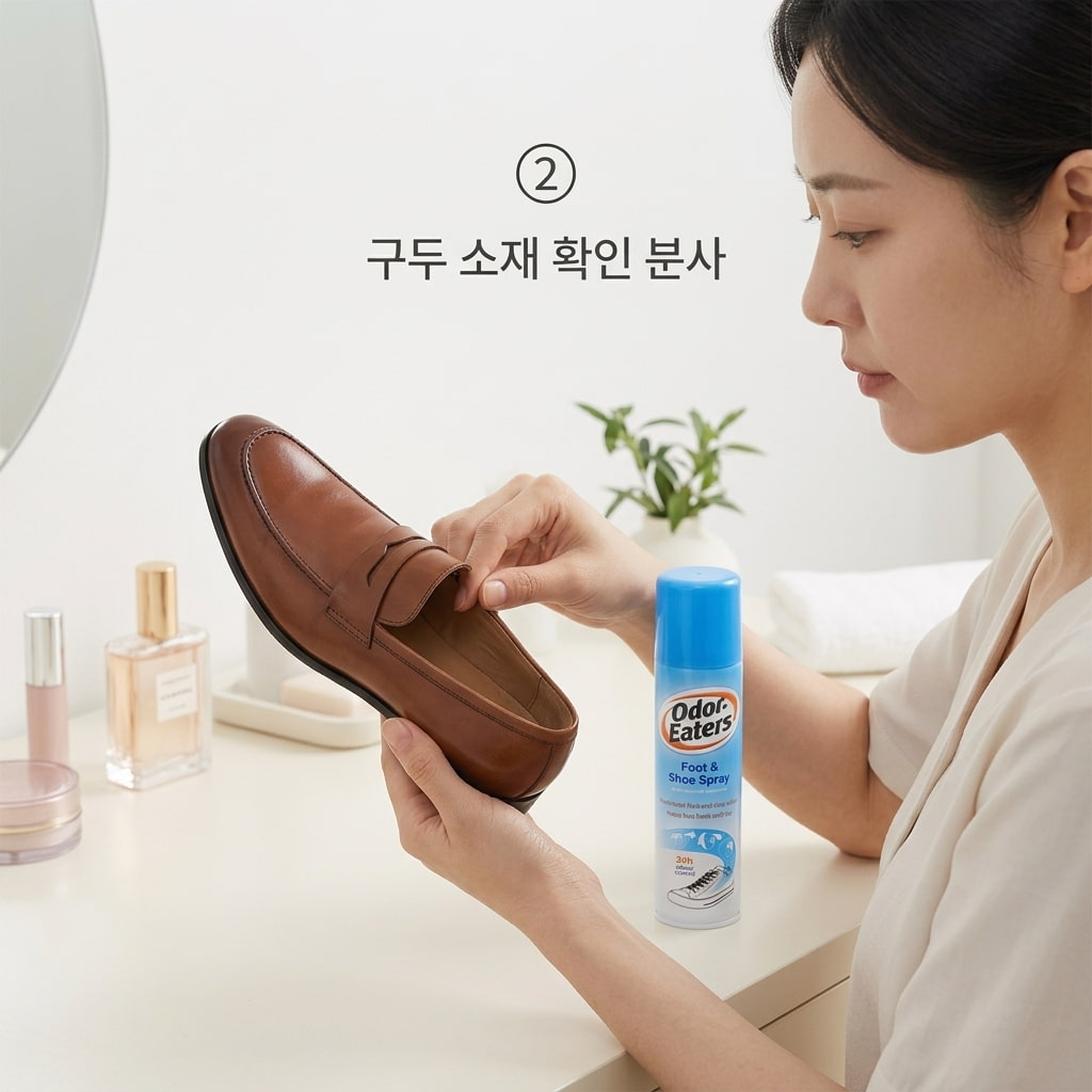 구두 냄새 관리 시 얼룩 발생을 방지하기 위해 두 손으로 가죽 구두를 쥐고 안쪽 소재를 살피며 스프레이 분사 위치를 확인하는 모습.