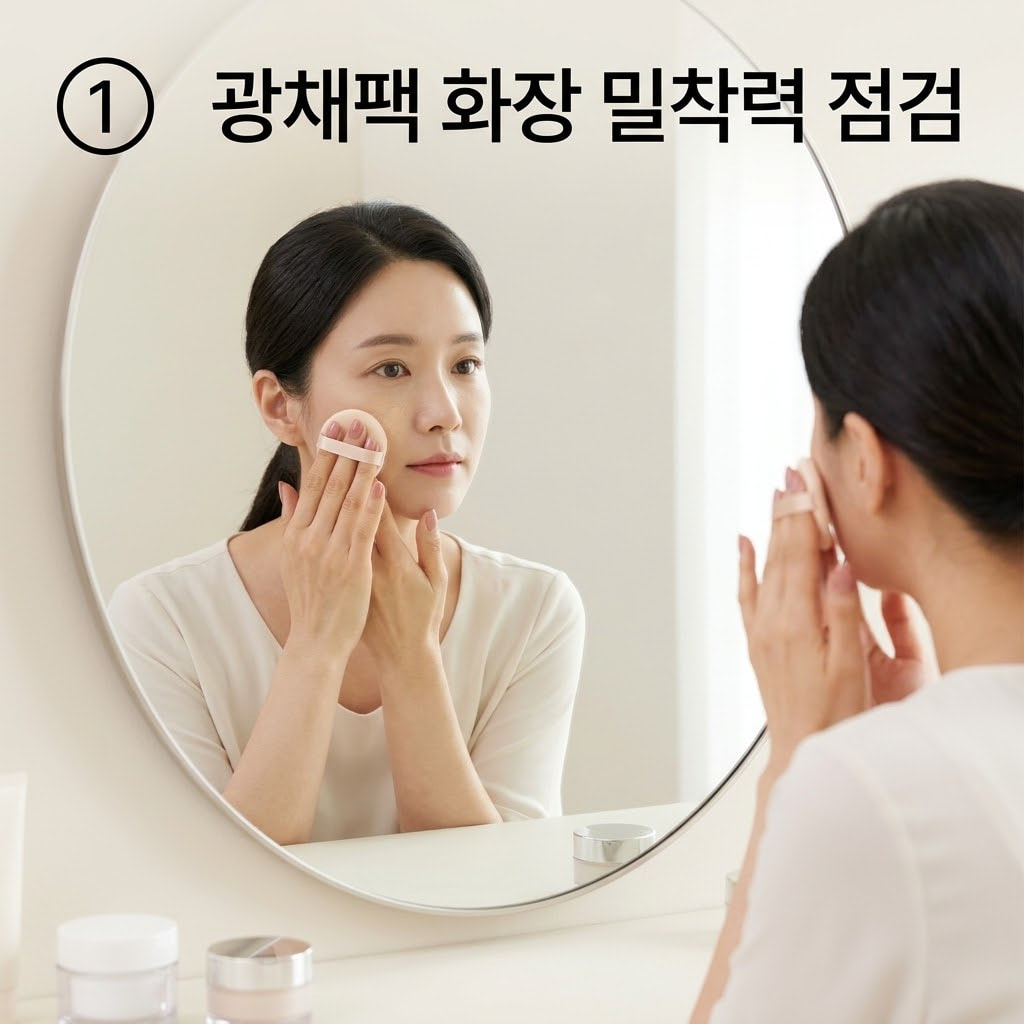 화장 잘 먹는 광채팩 효과를 확인하기 위해 두 손으로 파운데이션을 묻힌 퍼프를 볼에 가볍게 두드리며 메이크업 밀착력을 꼼꼼하게 점검하는 모습.