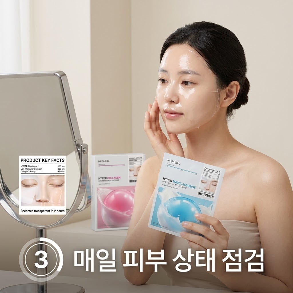 수면팩 대용 장시간 사용 전 피부 반응을 살피기 위해 두 손의 손끝으로 턱선과 이마를 가볍게 누르며 잔여 에센스의 끈적임을 조심스럽게 확인하는 모습.